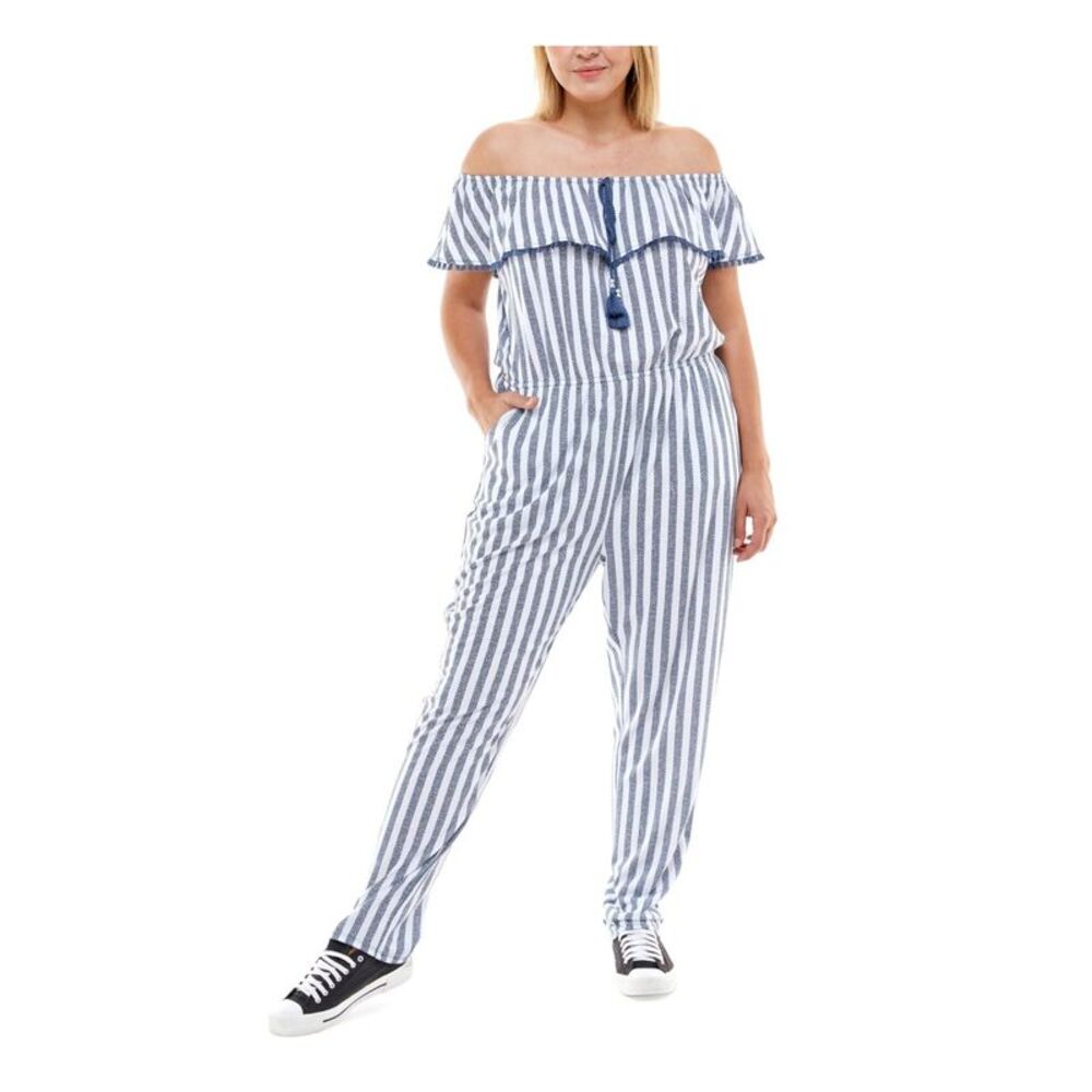 PLANET GOLD PLUS Womens Waist Short Sleeve Off Shoulder Straight leg Jumpsuit